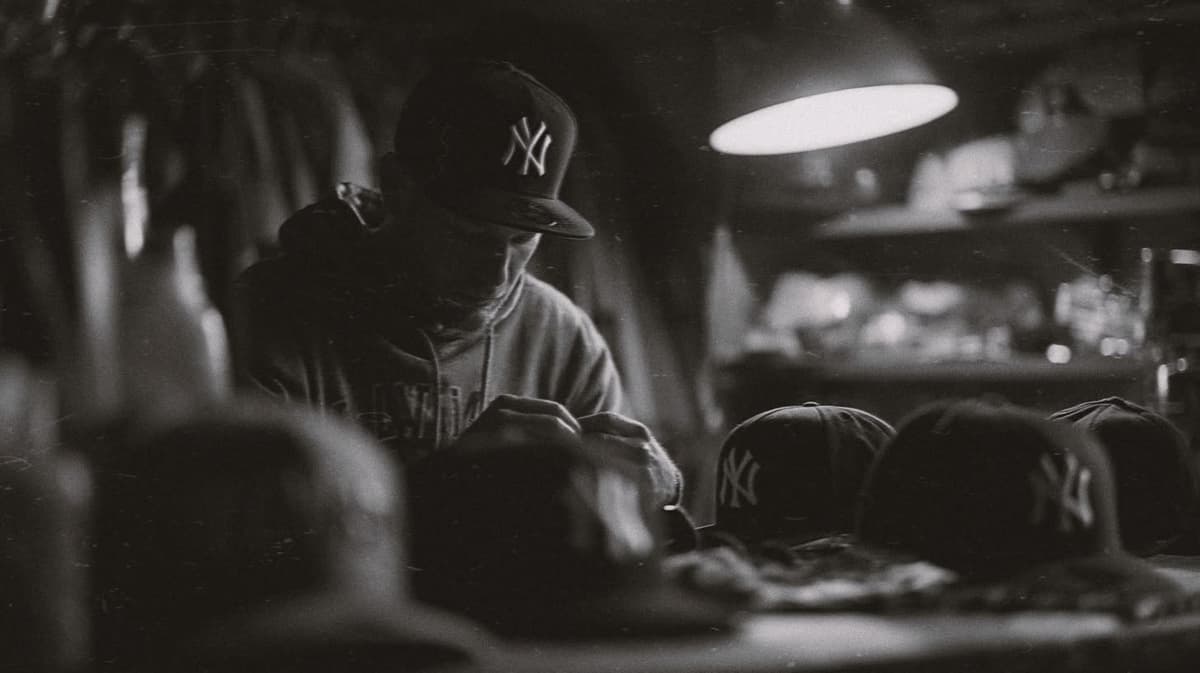 Collector inspecting New York caps in a workshop